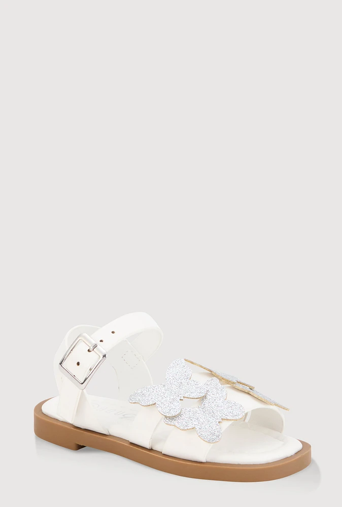 Womens Toddler Girls Glitter Butterfly Buckle Strap Sandals, White,