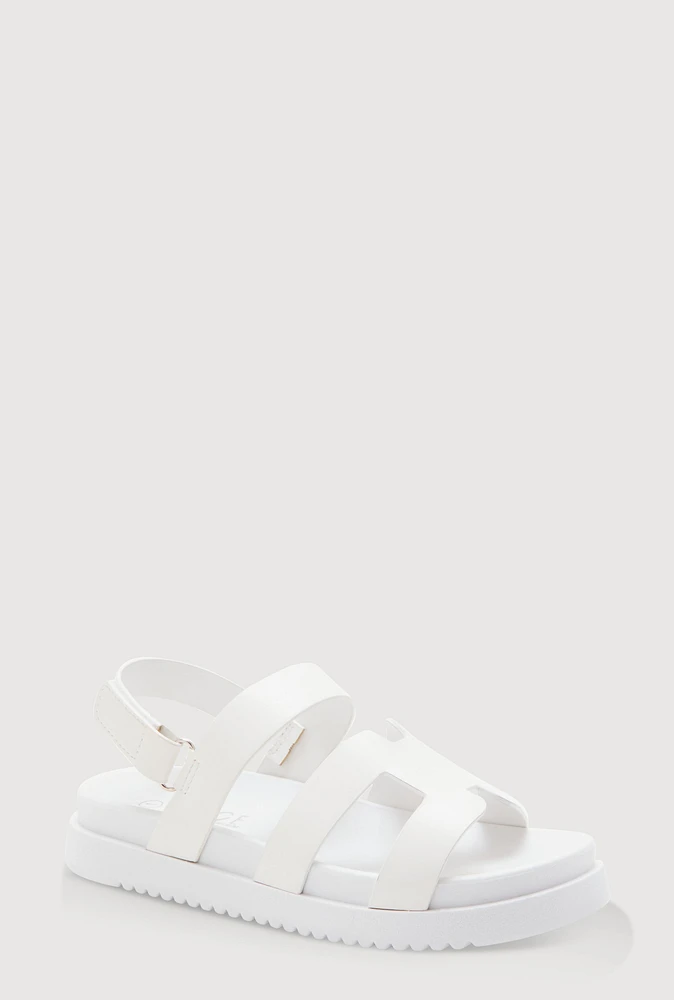 Womens Girls Faux Leather H Band Velcro Strap Footbed Sandals, White, Size 3