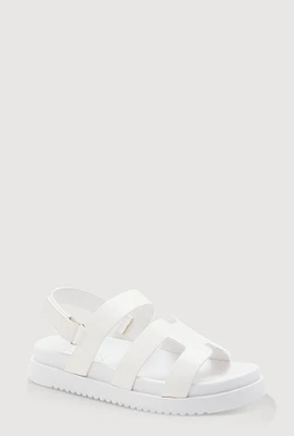 Womens Girls Faux Leather H Band Velcro Strap Footbed Sandals, White, Size 3