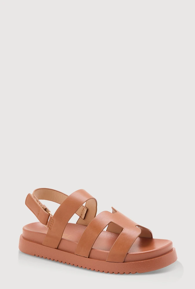 Womens Girls Faux Leather H Band Velcro Strap Footbed Sandals, Brown,