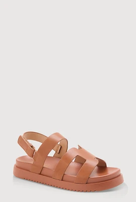 Womens Girls Faux Leather H Band Velcro Strap Footbed Sandals, Brown,
