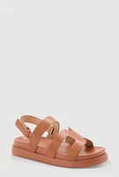 Womens Girls Faux Leather H Band Velcro Strap Footbed Sandals, Brown,