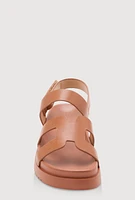 Womens Girls Faux Leather H Band Velcro Strap Footbed Sandals, Brown,