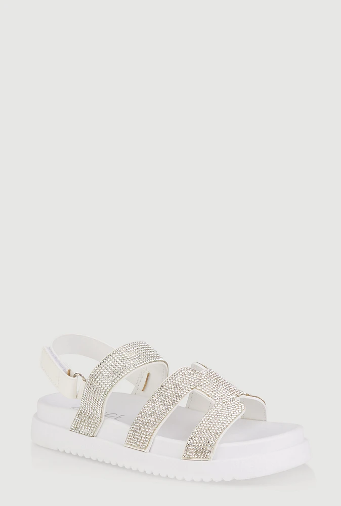 Womens Girls Rhinestone H Band Velcro Strap Sandals, White, Size 2