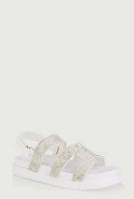 Womens Girls Rhinestone H Band Velcro Strap Sandals, White, Size 2