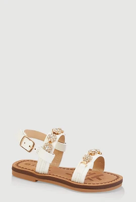 Womens Toddler Girls Embellished Rhinestone Flower Band Sandals, White,