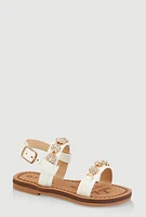 Womens Toddler Girls Embellished Rhinestone Flower Band Sandals, White,