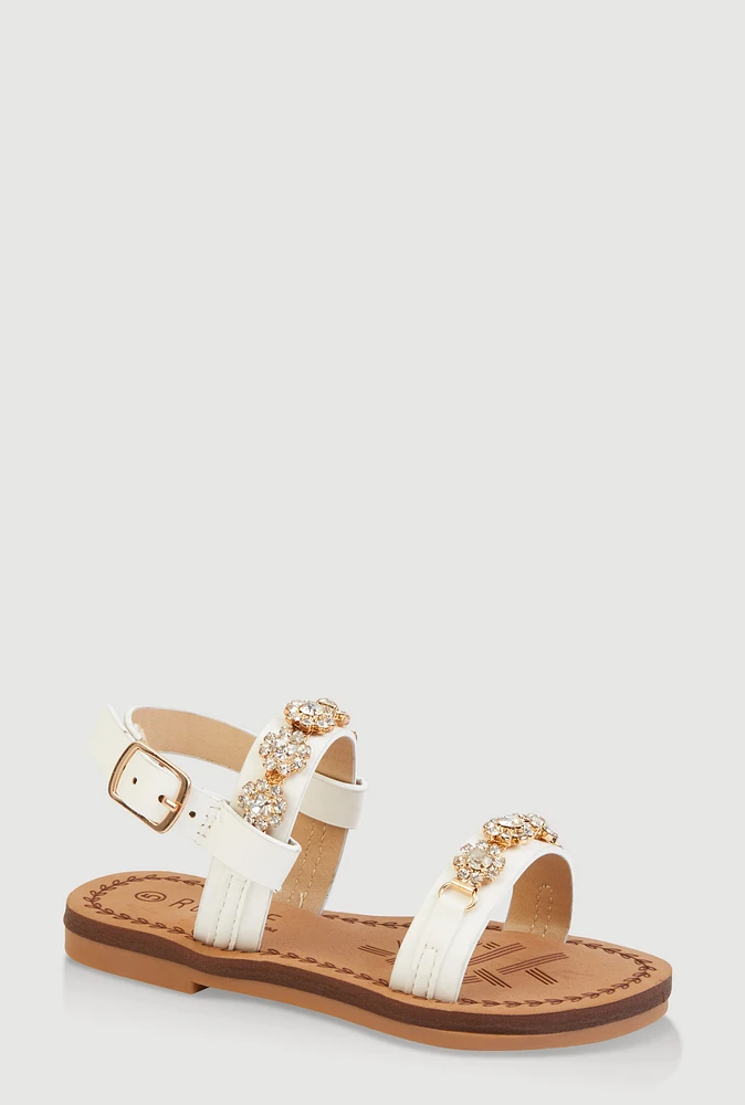 Womens Toddler Girls Embellished Rhinestone Flower Band Sandals, White, Size 6