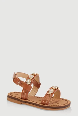Womens Toddler Girls Embellished Rhinestone Flower Band Sandals, Brown, Size 6