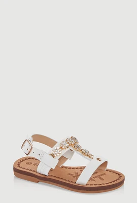 Womens Toddler Girls Flower Rhinestone Studded Buckle Strap Sandals, White, Size 7