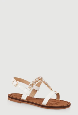 Womens Girls Flower Embellished Rhinestone Sandals, White, Size 13