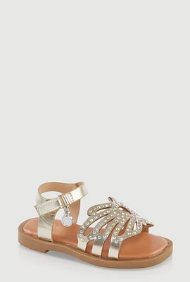 Womens Toddler Girls Rhinestone Butterfly Ankle Strap Sandals, Gold, Size 5