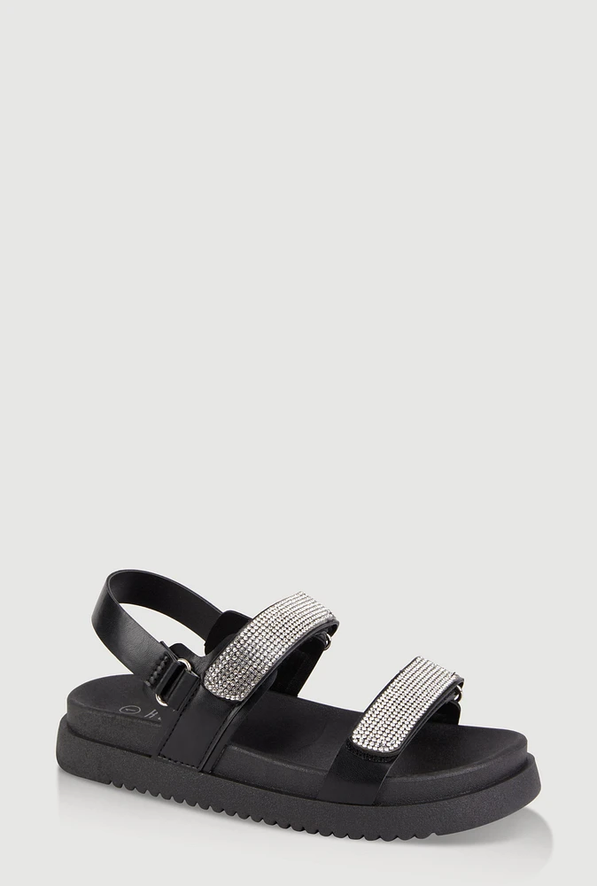Womens Girls Rhinestone Double Velcro Strap Sandals, Black, Size 2