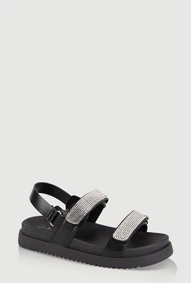 Womens Girls Rhinestone Double Velcro Strap Sandals, Black, Size 2