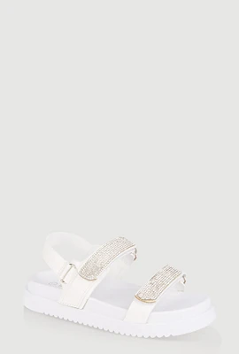 Womens Girls Rhinestone Double Velcro Strap Sandals, White, Size 11