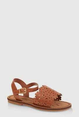 Womens Girls Flower Cut Out Band Sandals, Brown,