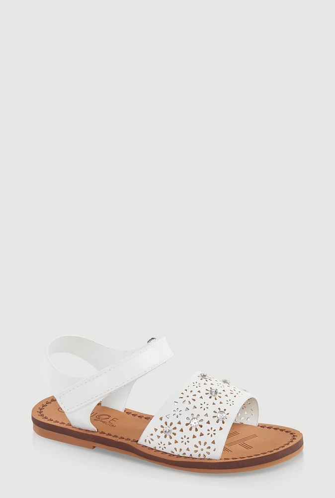 Womens Girls Crochet Band Velcro Ankle Strap Sandals, White,