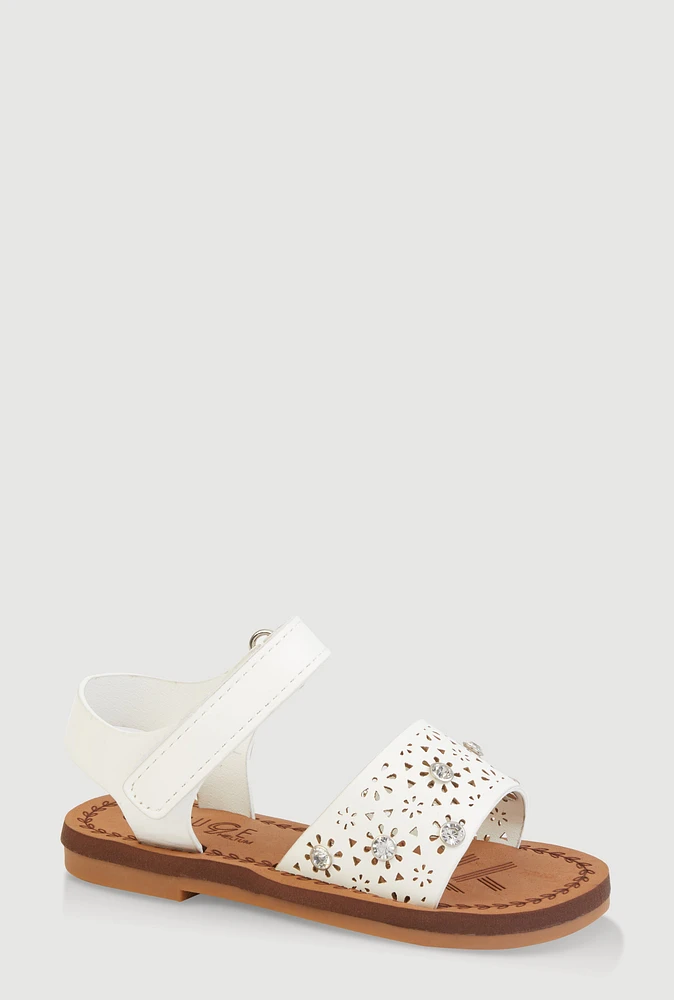 Womens Toddler Girls Eyelet Rhinestone Band Velcro Strap Sandals, White, Size 7
