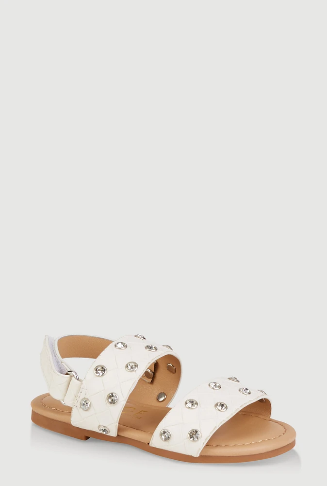 Womens Toddler Girls Rhinestone Studded Velcro Strap Sandals, White, Size 5