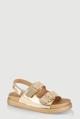 Girls Double Buckle Band Footbed Sandals, Gold,