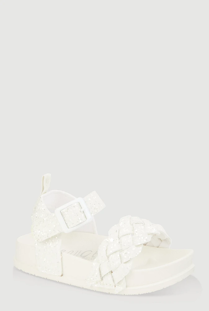 Womens Toddler Girls Glitter Braided Band Velcro Strap Sandals, White, Size 5