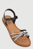 Womens Girls Rhinestone Studded Twist Band Ankle Strap Sandals, Black,