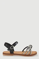 Womens Girls Rhinestone Studded Twist Band Ankle Strap Sandals, Black,