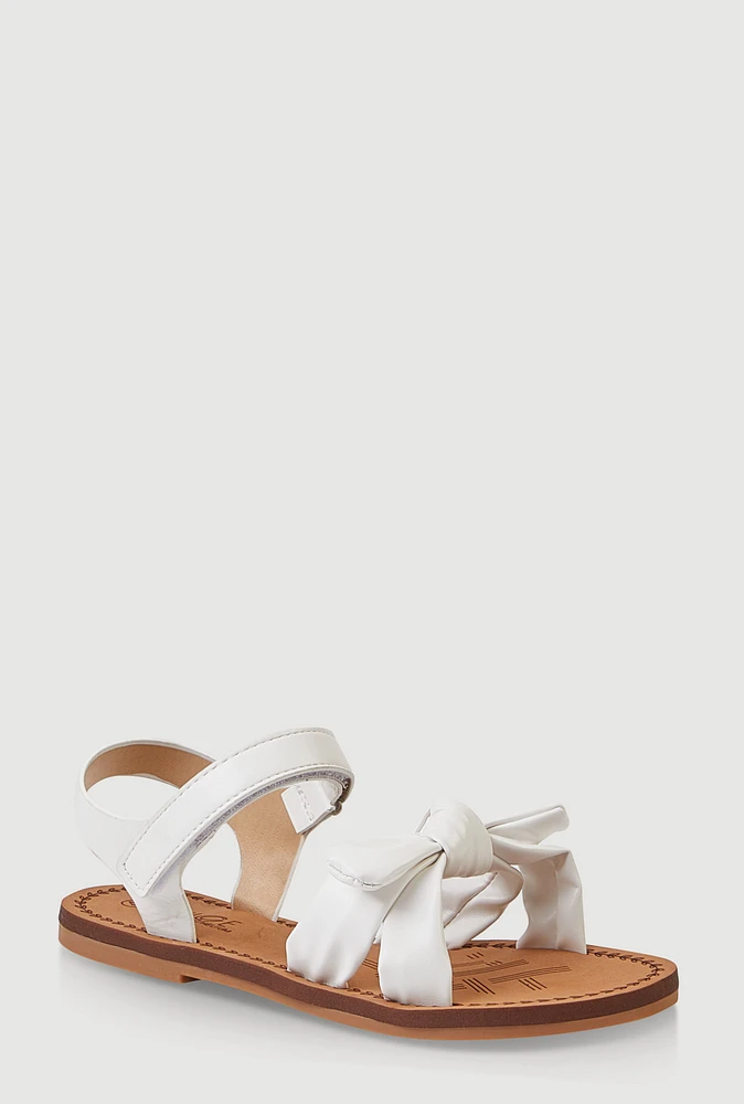 Womens Girls Bow Knot Band Velcro Strap Sandals, White, Size 1