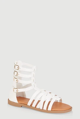 Womens Girls Buckle Strap Zip Back Gladiator Sandals, White,