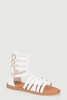 Womens Girls Buckle Strap Zip Back Gladiator Sandals, White,