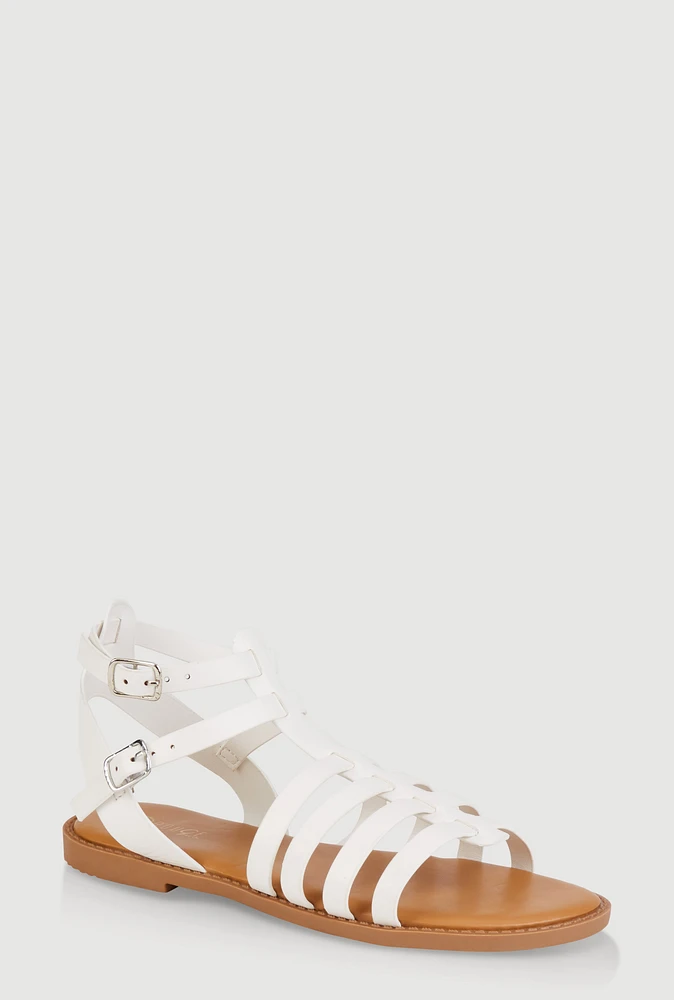 Womens Girls Double Buckle Gladiator Sandals, White, Size 4