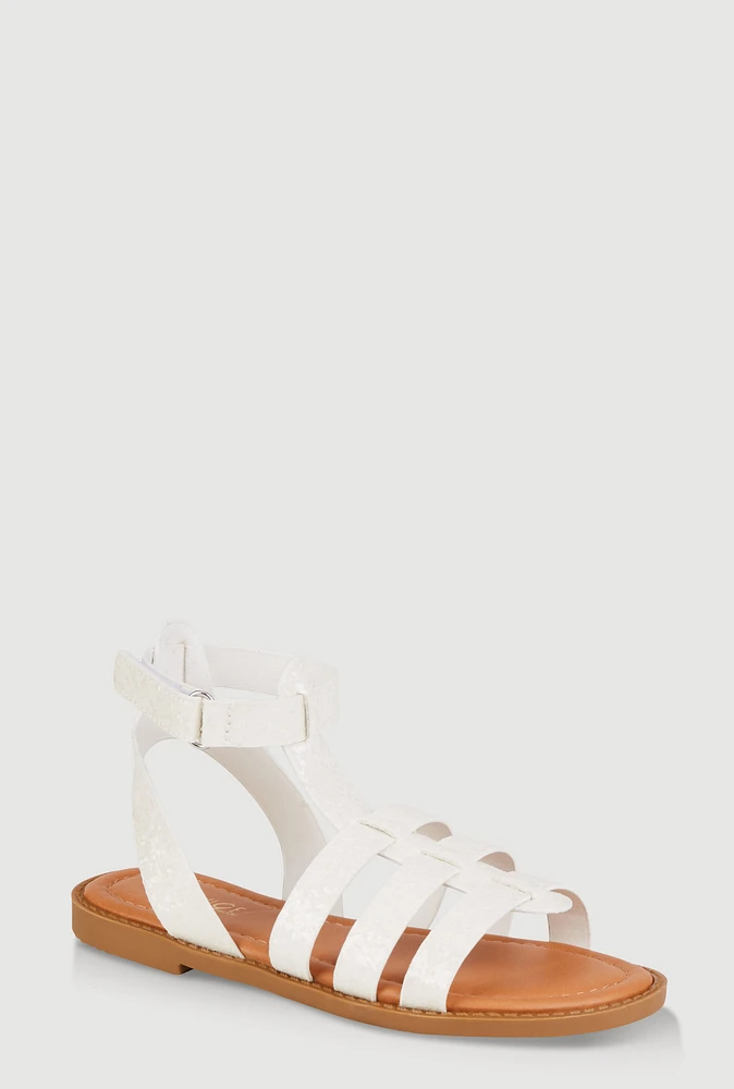 Womens Girls Velcro Strap Glitter Gladiator Sandals, White, Size 12