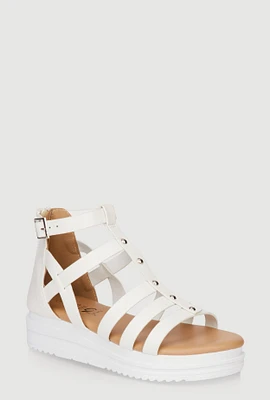 Womens Girls Studded Zip Back Wedge Gladiator Sandals, White,