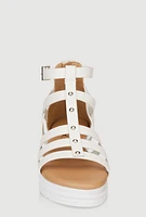 Womens Girls Studded Zip Back Wedge Gladiator Sandals, White,
