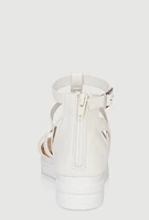 Womens Girls Studded Zip Back Wedge Gladiator Sandals, White,