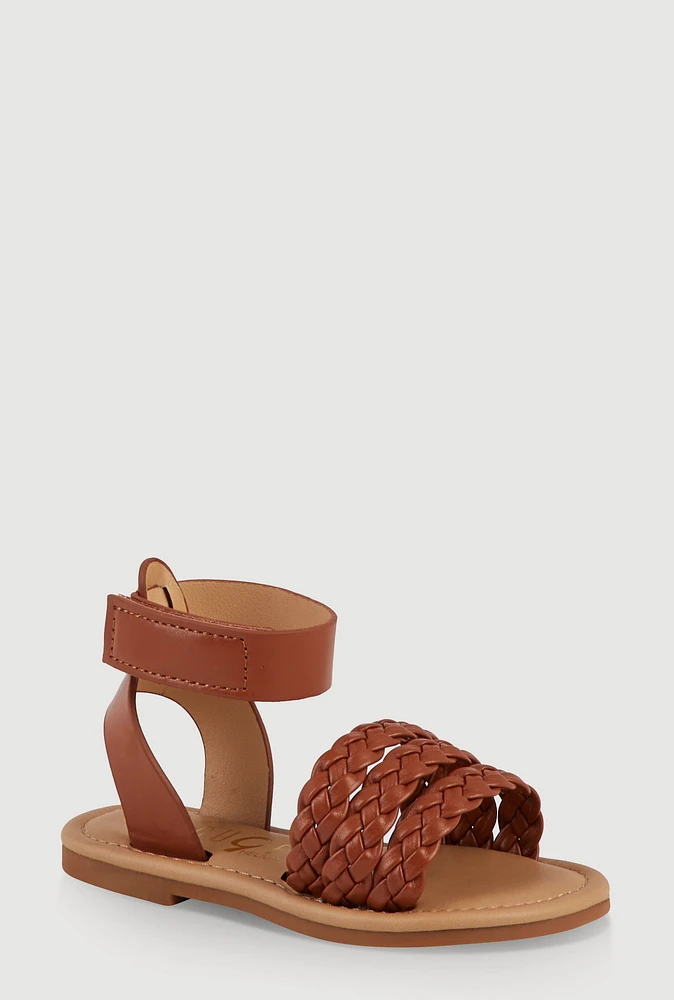 Womens Toddler Girls Braided Band Ankle Strap Sandals, Brown, Size 5