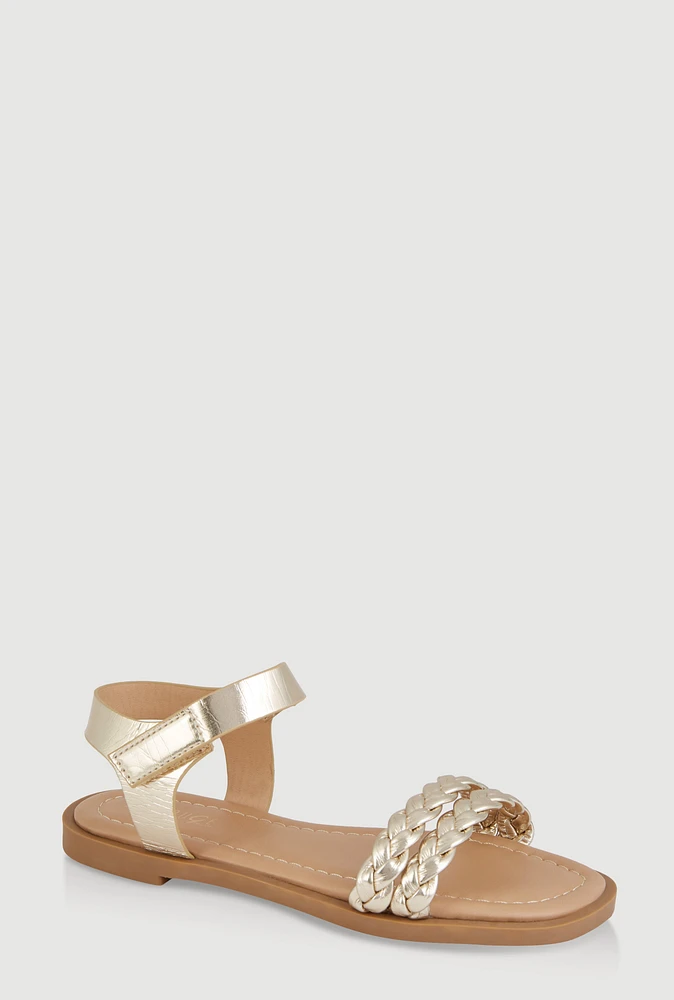 Womens Girls Braided Velcro Ankle Strap Sandals, Gold,