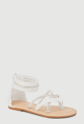 Womens Girls Rhinestone Strappy Zip Back Thong Sandals, White, Size 13