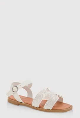 Womens Girls Rhinestone H Band Buckle Strap Sandals, White, Size 3