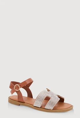 Womens Girls Rhinestone H Band Buckle Strap Sandals, Brown, Size 13