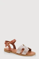 Womens Girls Rhinestone H Band Buckle Strap Sandals, Brown, Size 13