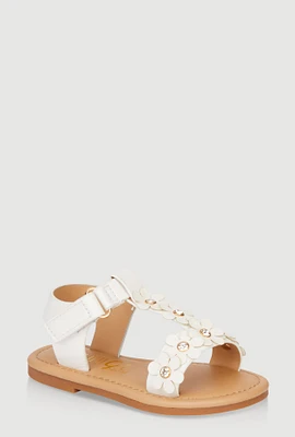 Womens Toddler Girls Studded 3D Flower Band Ankle Strap Sandals, White,