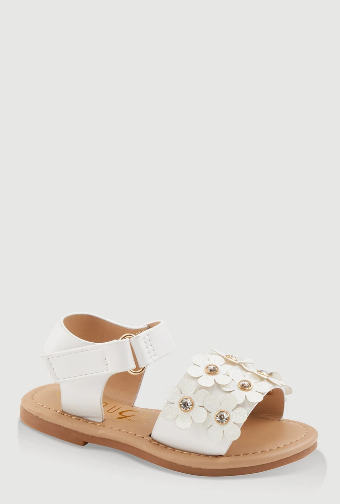 Womens Toddler Girls Faux Leather 3D Flower Band Ankle Strap Sandals, White, Size 7