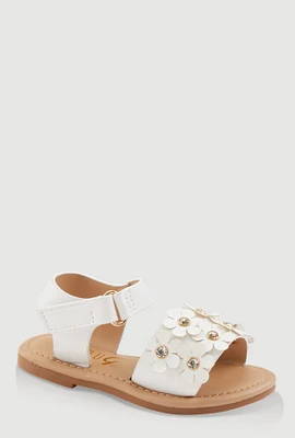 Womens Toddler Girls Faux Leather 3D Flower Band Ankle Strap Sandals, White, Size 7