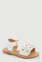 Womens Toddler Girls Faux Leather 3D Flower Band Ankle Strap Sandals, White, Size 7