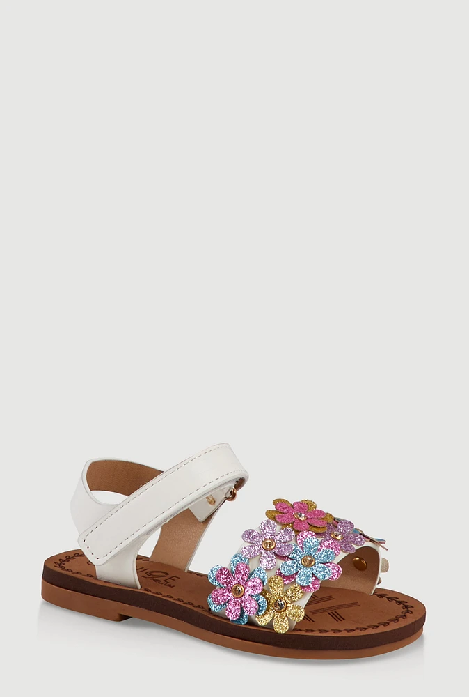 Womens Toddler Girls Glitter Flower Band Velcro Strap Sandals,