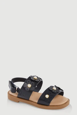 Womens Toddler Girls Faux Pearl Flower Band Sandals, Black, Size 9