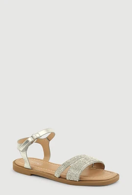 Womens Girls Rhinestone Band Ankle Strap Sandals, Silver,