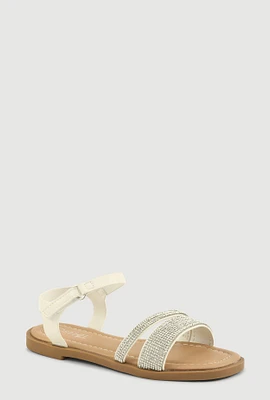 Womens Girls Rhinestone Band Ankle Strap Sandals, White, Size 2