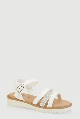 Womens Girls Rhinestone Detail Strappy Sandals, White, Size 13